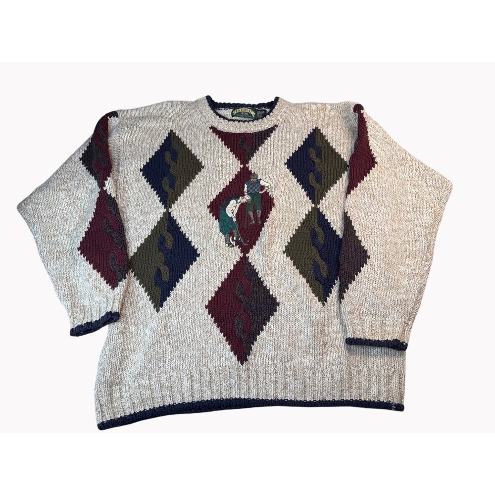 Fairway Sport Golf Sweater Mens XL Beige Argyle 100 Cotton Knit Pullover